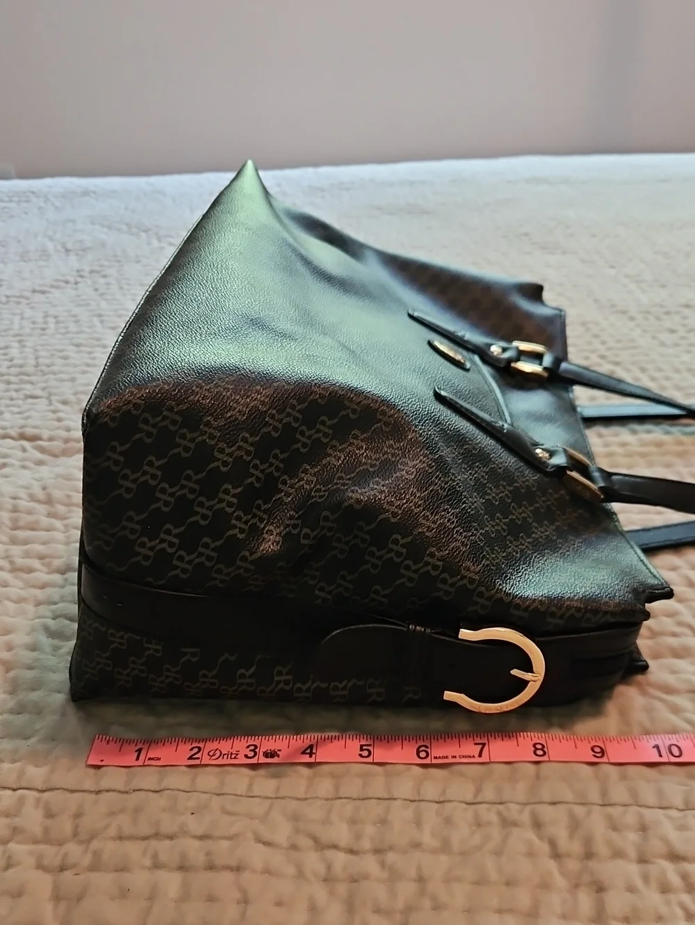 Rioni Moda Italia Tote Traveler Black Tan Monogram Gold Hardware, Wallet Combo